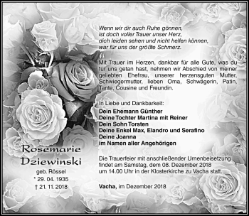 Traueranzeige von Rosemarie Dziewinski von Südthüringer Presse