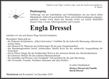 Traueranzeige von Engla Dressel von Südthüringer Presse