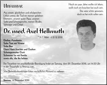 Traueranzeige von Axel Hellmuth von Südthüringer Presse