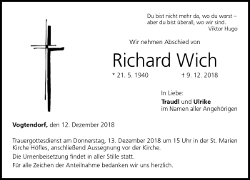 Traueranzeige von Richard Wich von Neue Presse Coburg