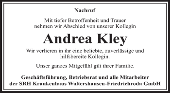 Traueranzeige von Andrea Kley von Südthüringer Presse