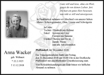 Traueranzeige von Anna Wacker von Neue Presse Coburg