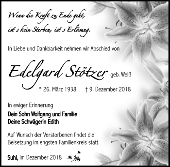 Traueranzeige von Edelgard Stötzer von Südthüringer Presse