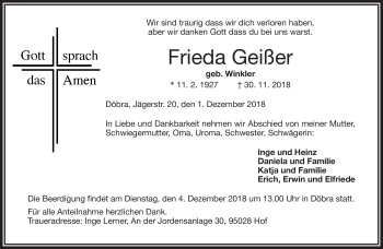Traueranzeige von Friede Geißer von Frankenpost