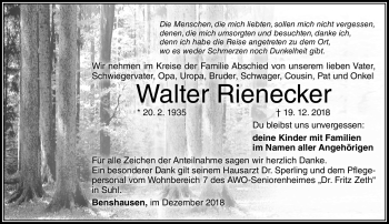 Traueranzeige von Walter Rienecker von Südthüringer Presse