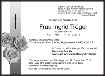 Traueranzeige von Ingrid Tröger von Frankenpost