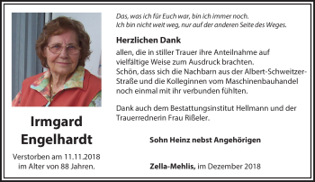 Traueranzeige von Irmgard Engelhardt von Südthüringer Presse