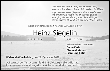 Traueranzeige von Heinz Siegelin von Neue Presse Coburg