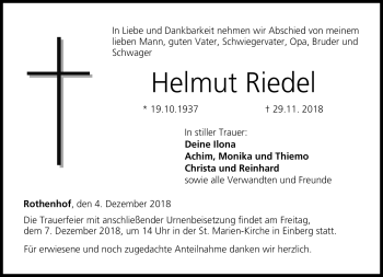 Traueranzeige von Helmut Riedel von Neue Presse Coburg