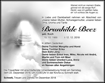 Traueranzeige von Brunhilde Beez von Südthüringer Presse