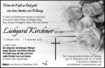 Traueranzeige von Liebgard Kirchner von Südthüringer Presse