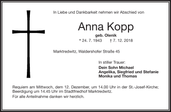 Traueranzeige von Anna Kopp von Frankenpost