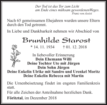 Traueranzeige von Brunhilde Starost von Südthüringer Presse