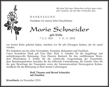 Traueranzeige von Marie Schneider von Südthüringer Presse