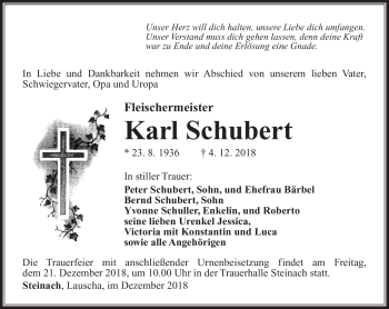 Traueranzeige von Karl Schubert von Südthüringer Presse