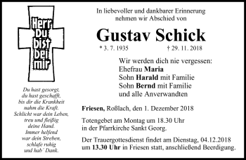 Traueranzeige von Gustav Schick von Neue Presse Coburg