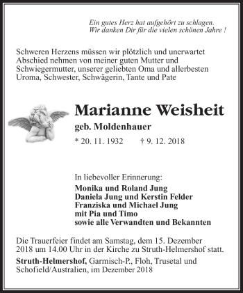 Traueranzeige von Marianne Weisheit von Südthüringer Presse