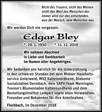 Traueranzeige von Edgar Bley von Südthüringer Presse