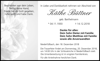 Traueranzeige von Käthe Büttner von Neue Presse Coburg
