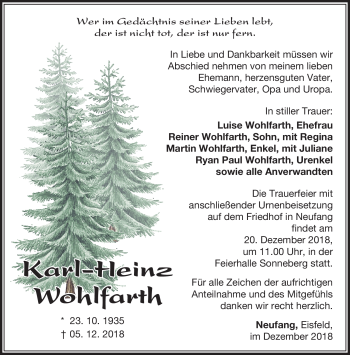 Traueranzeige von Karl-Heinz Wohlfarth von Südthüringer Presse