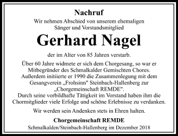 Traueranzeige von Gerhard Nagel von Südthüringer Presse