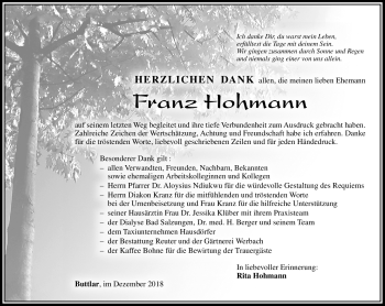 Traueranzeige von Franz Hohmann von Südthüringer Presse