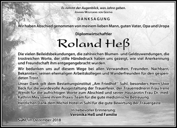 Traueranzeige von Roland Heß von Südthüringer Presse