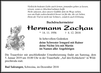Traueranzeige von Hermann Zachau von Südthüringer Presse