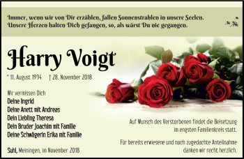 Traueranzeige von Harry Voigt von Südthüringer Presse