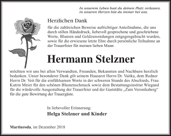 Traueranzeige von Hermann Stelzner von Südthüringer Presse