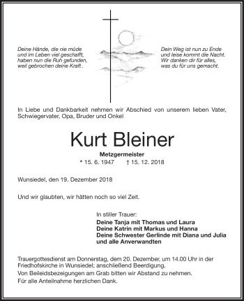 Traueranzeige von Kurt Bleiner von Frankenpost