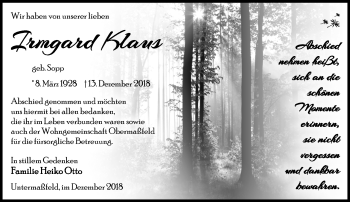 Traueranzeige von Irmgard Klaus von Südthüringer Presse