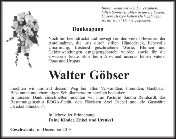Traueranzeige von Walter Göbser von Südthüringer Presse