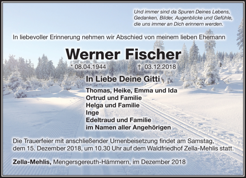  Traueranzeige für Werner Fischer vom 08.12.2018 aus Südthüringer Presse