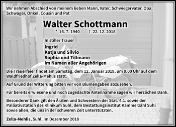 Traueranzeige von Walter Schottmann von Südthüringer Presse