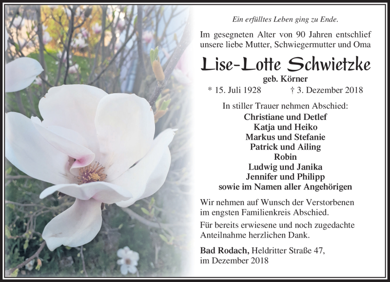  Traueranzeige für Lise-Lotte Schwietzke vom 08.12.2018 aus Südthüringer Presse