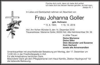Traueranzeige von Johanna Goller von Frankenpost
