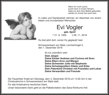 Traueranzeige von Evi Vogler von Frankenpost