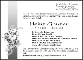 Traueranzeige von Heinz Ganzer von Südthüringer Presse