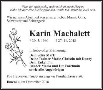 Traueranzeige von Karin Machalett von Südthüringer Presse