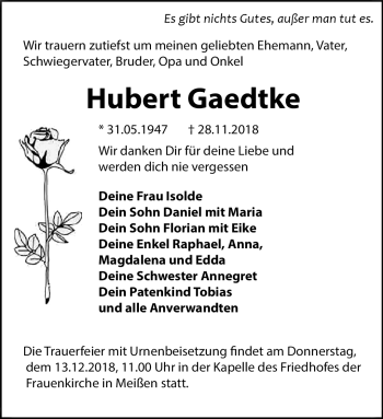 Traueranzeige von Hubert Gaedtke von Südthüringer Presse