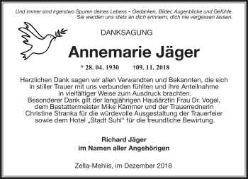 Traueranzeige von Annemarie Jäger von Südthüringer Presse