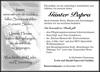 Traueranzeige von Günter Papra von Südthüringer Presse