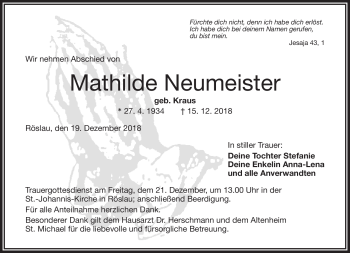 Traueranzeige von Mathilde Neumeister von Frankenpost