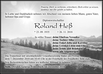 Traueranzeige von Roland Hess von Südthüringer Presse