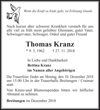 Traueranzeige von Thomas Kranz von Südthüringer Presse