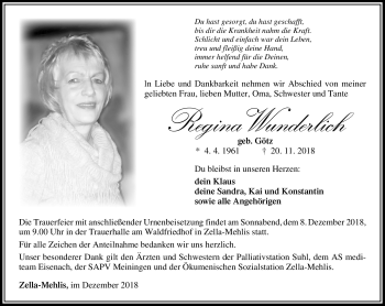 Traueranzeige von Regina Wunderlich von Südthüringer Presse