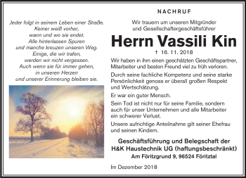 Traueranzeige von Vassili Kin von Südthüringer Presse