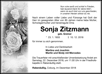 Traueranzeige von Sonja Zitzmann von Südthüringer Presse