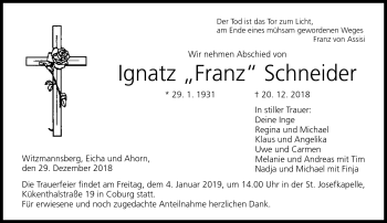 Traueranzeige von Ignatz Schneider von Neue Presse Coburg